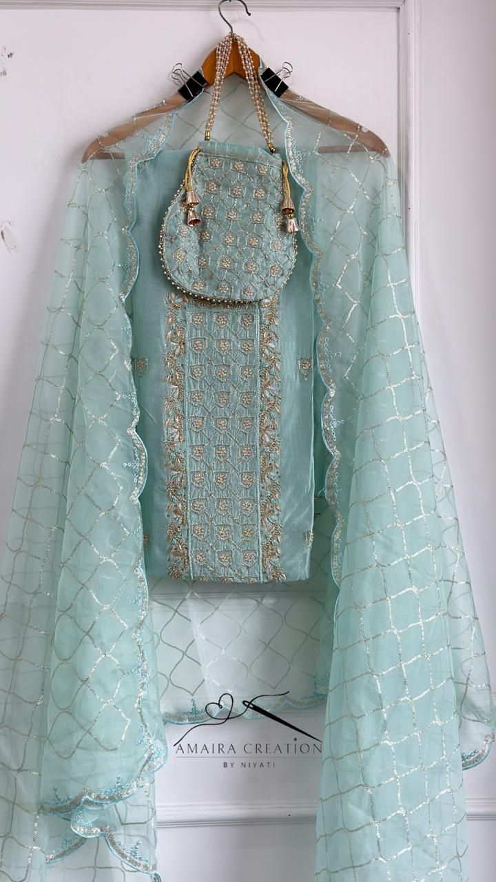 Designer Chanderi Silk Unstitch Suit With Organza Dupatta With (Designer Potli Hand Bag)