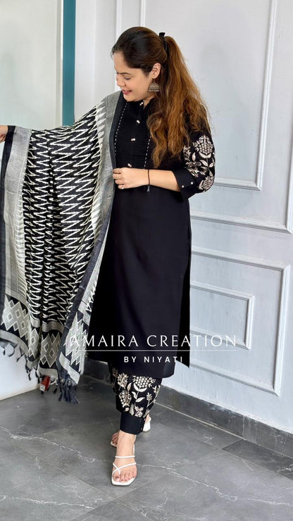 Black Color Reyon Embroidered Afghani Set With Printed Dupatta