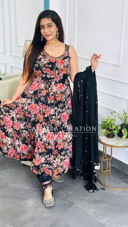 Black Color Chinnon Anarkali with Afghani pant(sleeves available)