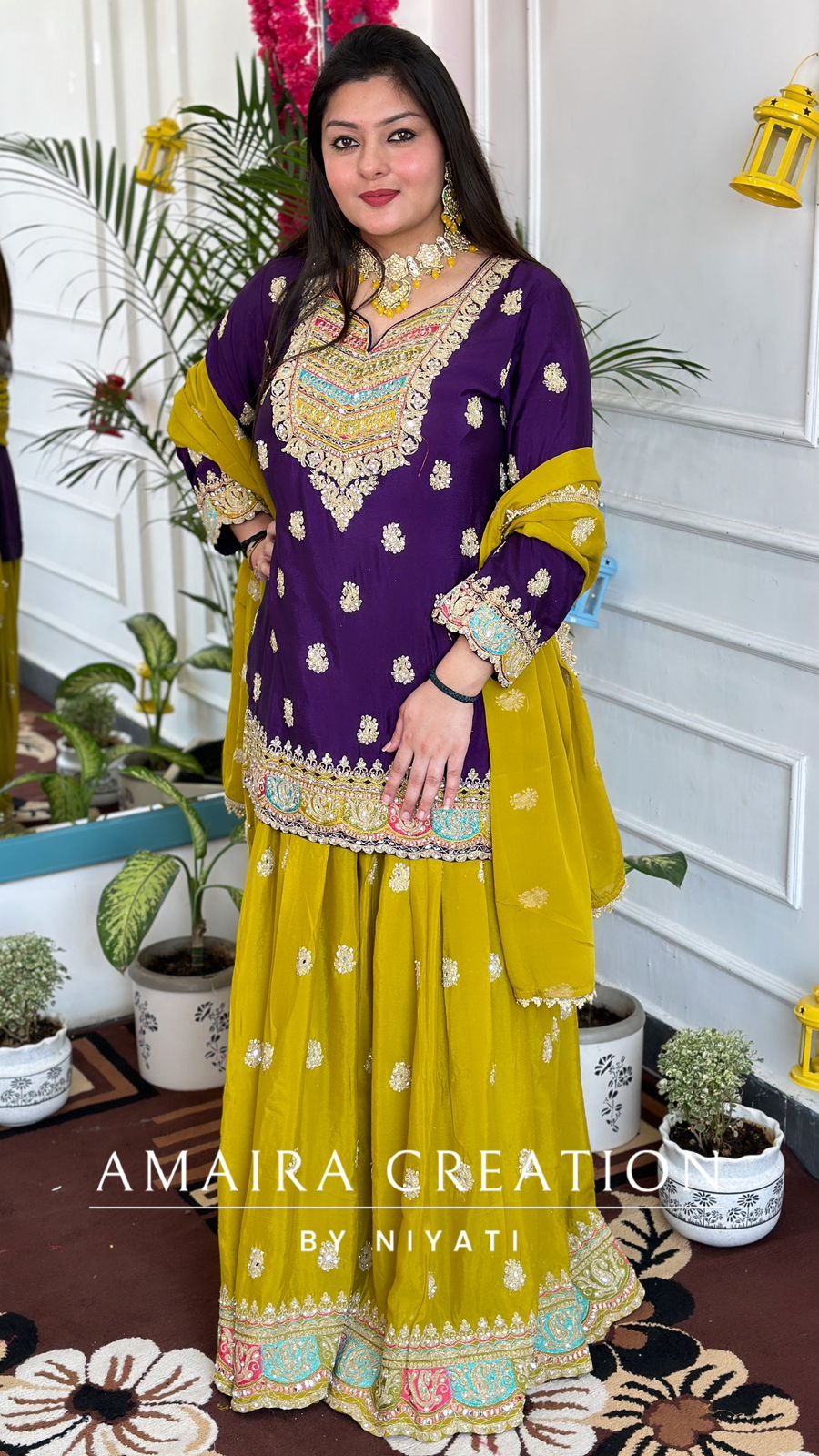 Mustard Yellow Garara Set Contrasted with Purple Top