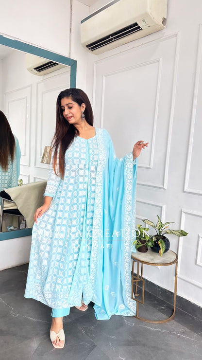 Sky Blue Color ChikaniKari Anarkali with Front And Side Slit