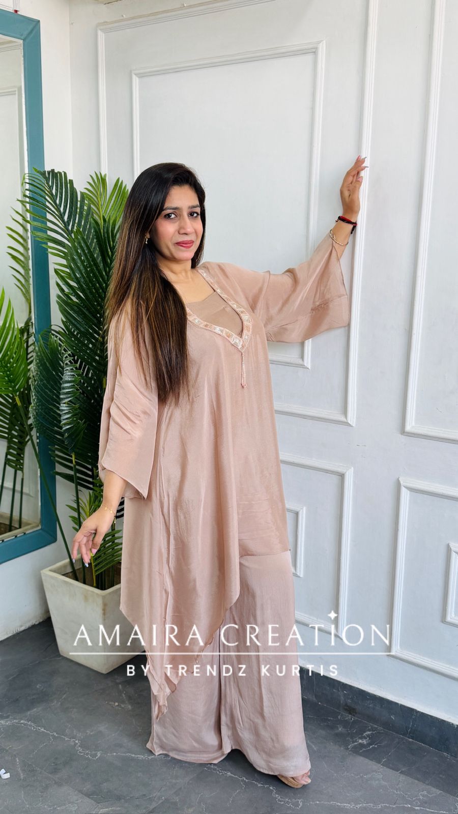 Premium Chinon Fabric Peach Color Three Piece Cord Set