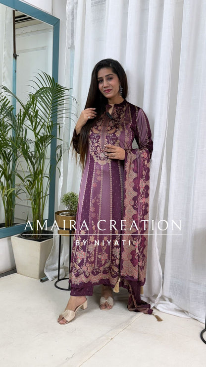 Mauve Printed Velvet Stretchable Anarkali Set