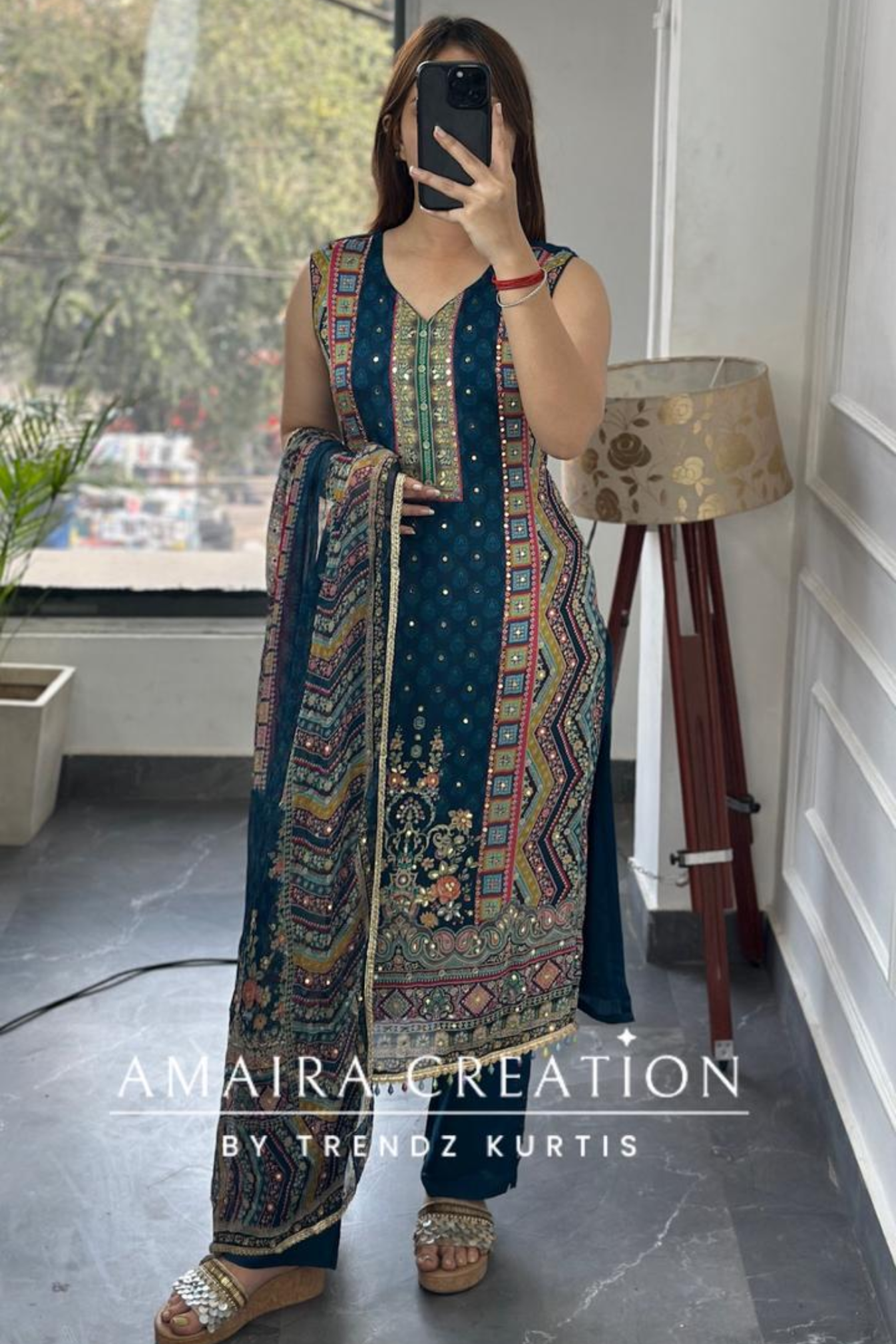 Premium Chinnnon Multi Blue Colour Pant Set