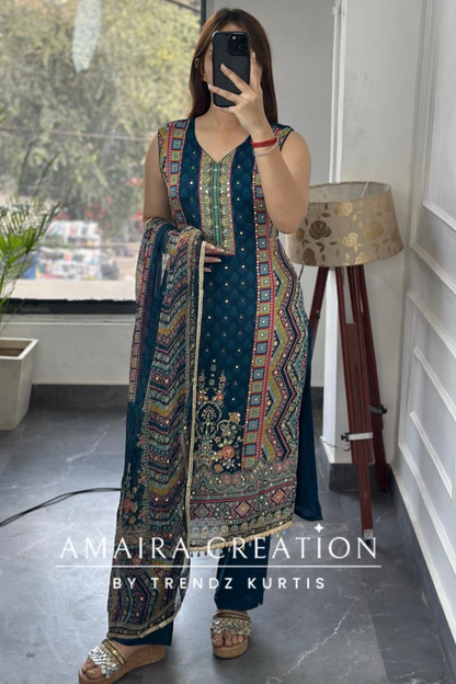 Premium Chinnnon Multi Blue Colour Pant Set