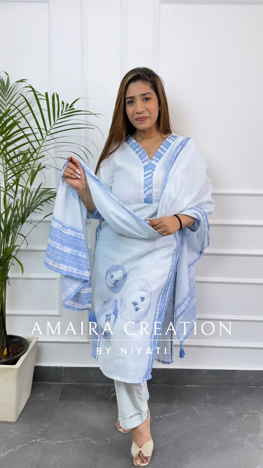Sky Blue Flex Cotton Designer Pant Set