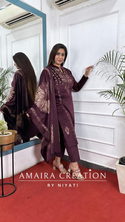 Wine Embroidered Stretchable Velvet Suit