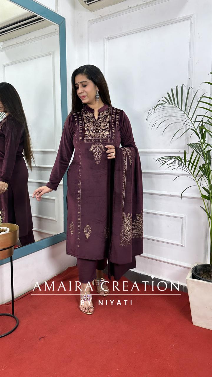 Wine Embroidered Stretchable Velvet Suit