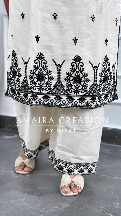 White Color Black Thread Embroidery Cotton Pant Set(Strap)