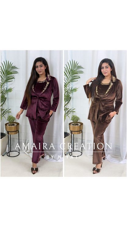 Velvet 3 piece Indo Western Coord Set With Beautiful Handwork