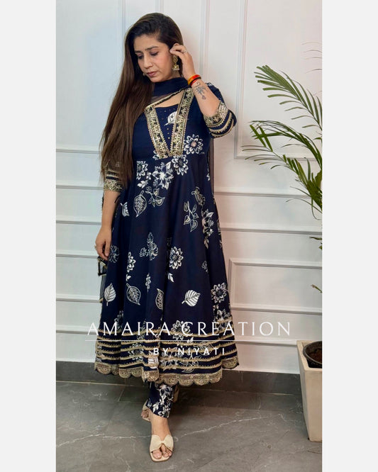 Navy Blue Reyon Anarkali Set