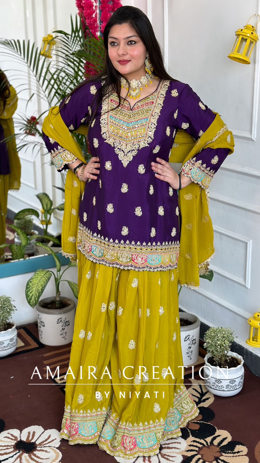 Mustard Yellow Garara Set Contrasted with Purple Top