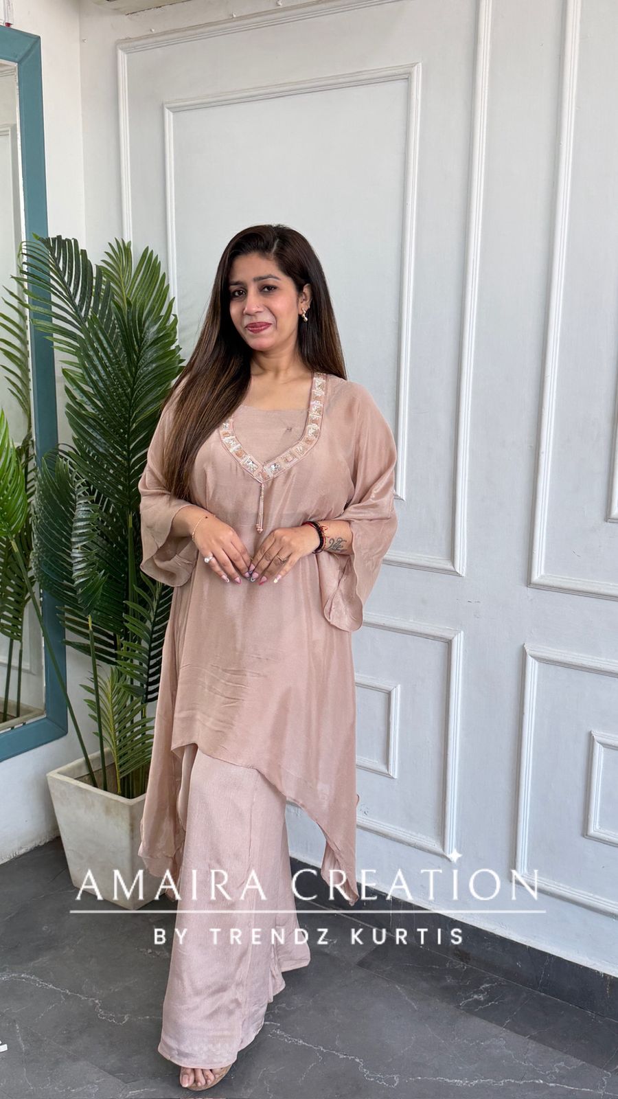 Premium Chinon Fabric Peach Color Three Piece Cord Set