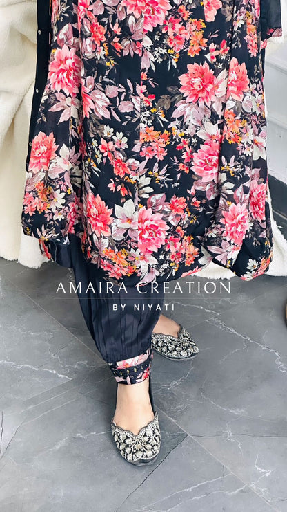 Black Color Chinnon Anarkali with Afghani pant(sleeves available)