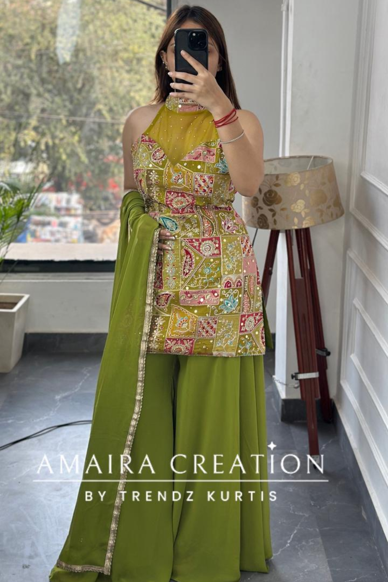 Premium Crepe Halter Neck Green Colour Georgette Divider Set