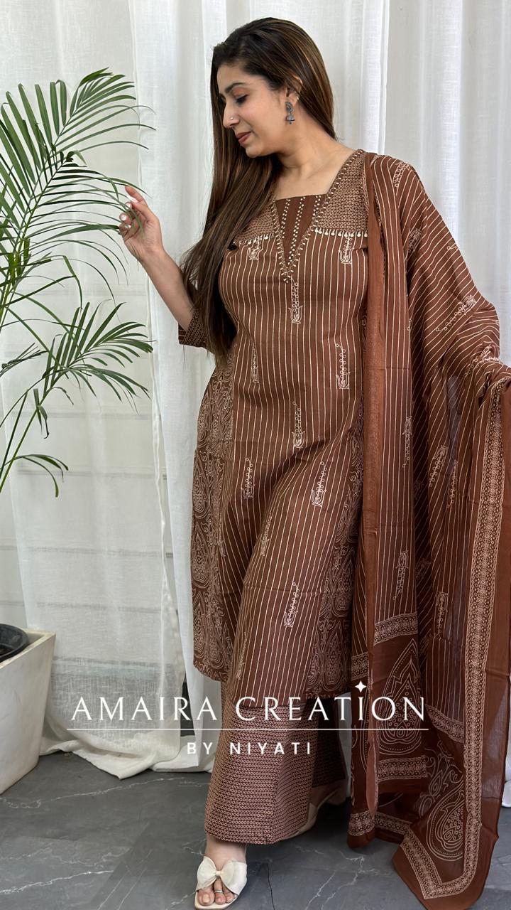 Brown Color Cotton A-Line Pant Set