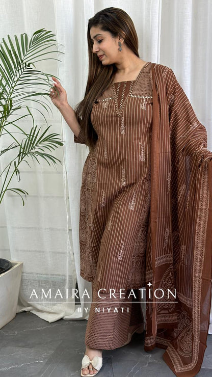 Brown Color Cotton A-Line Pant Set