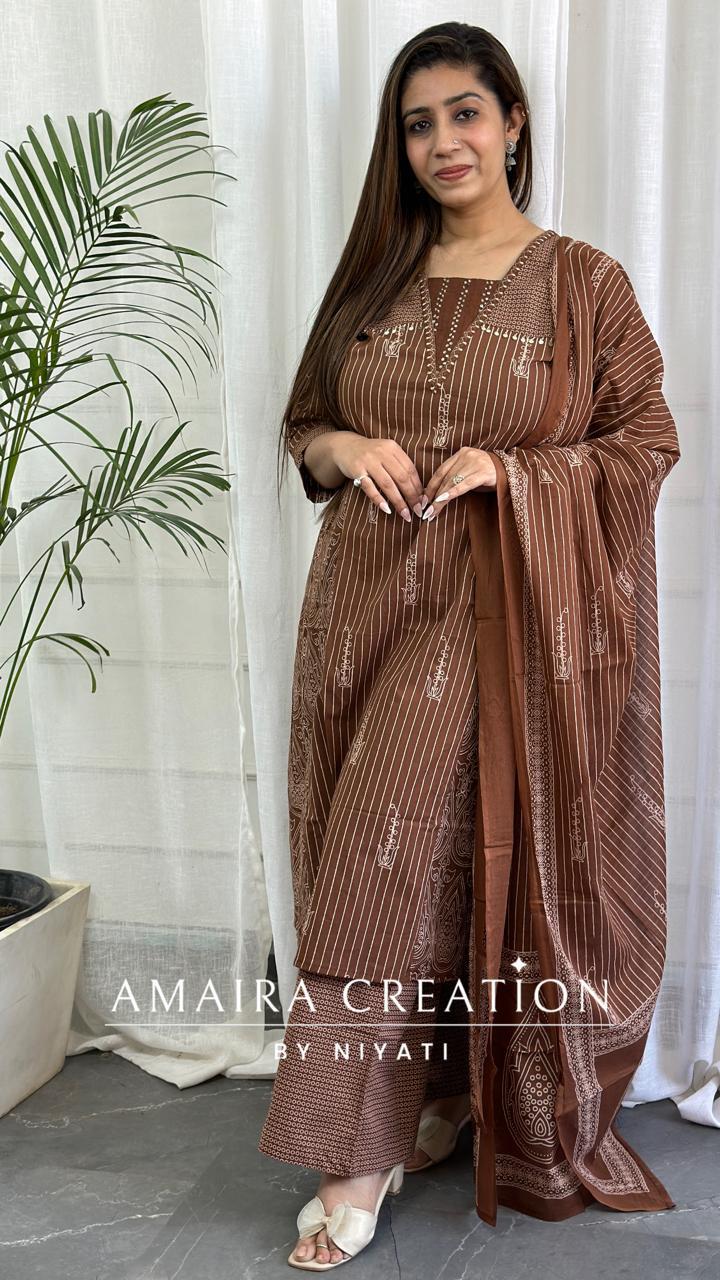 Brown Color Cotton A-Line Pant Set