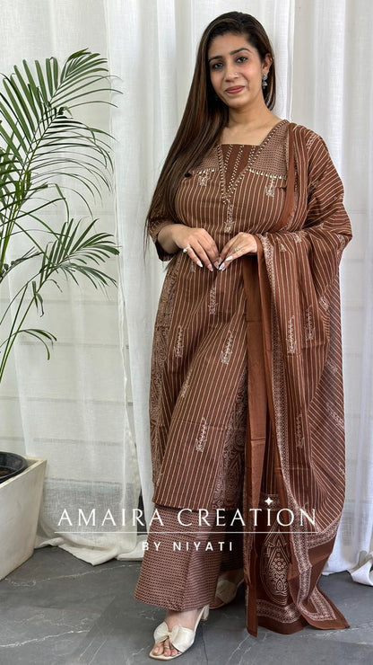 Brown Color Cotton A-Line Pant Set