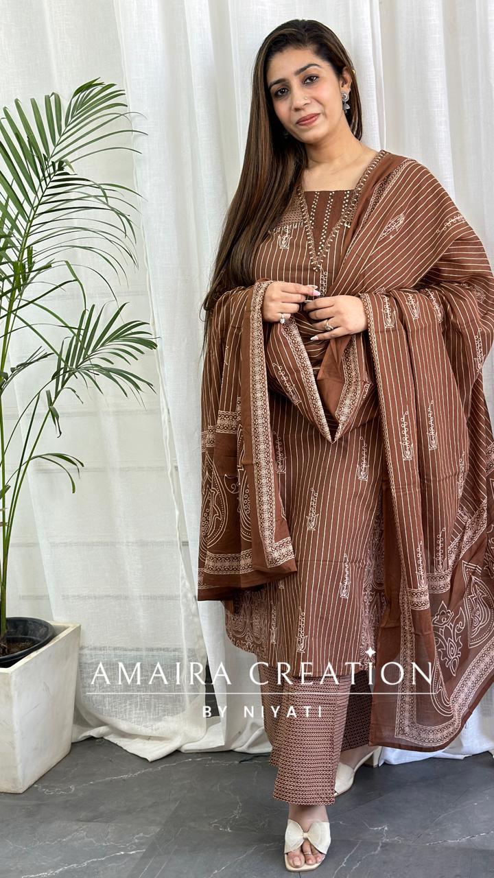 Brown Color Cotton A-Line Pant Set