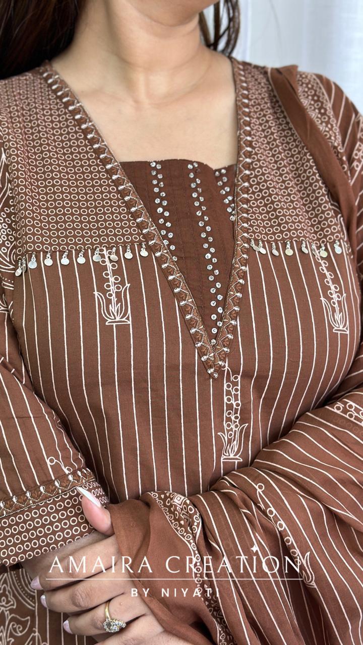 Brown Color Cotton A-Line Pant Set