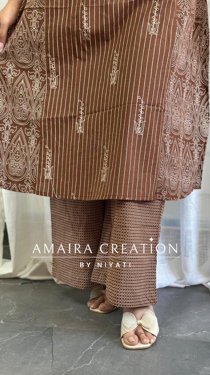 Brown Color Cotton A-Line Pant Set