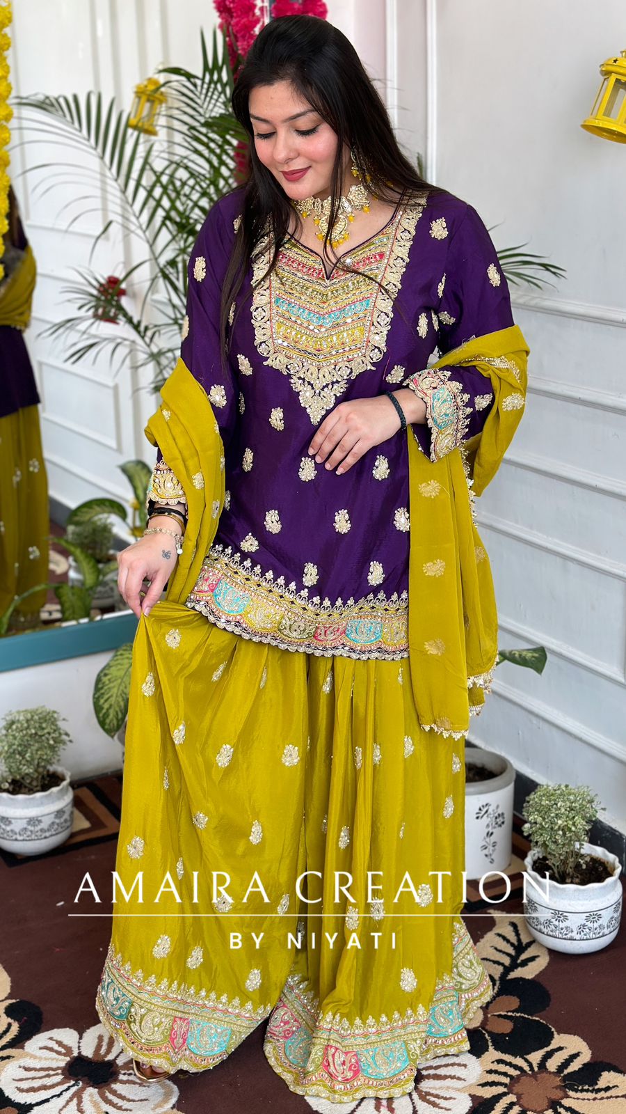 Mustard Yellow Garara Set Contrasted with Purple Top