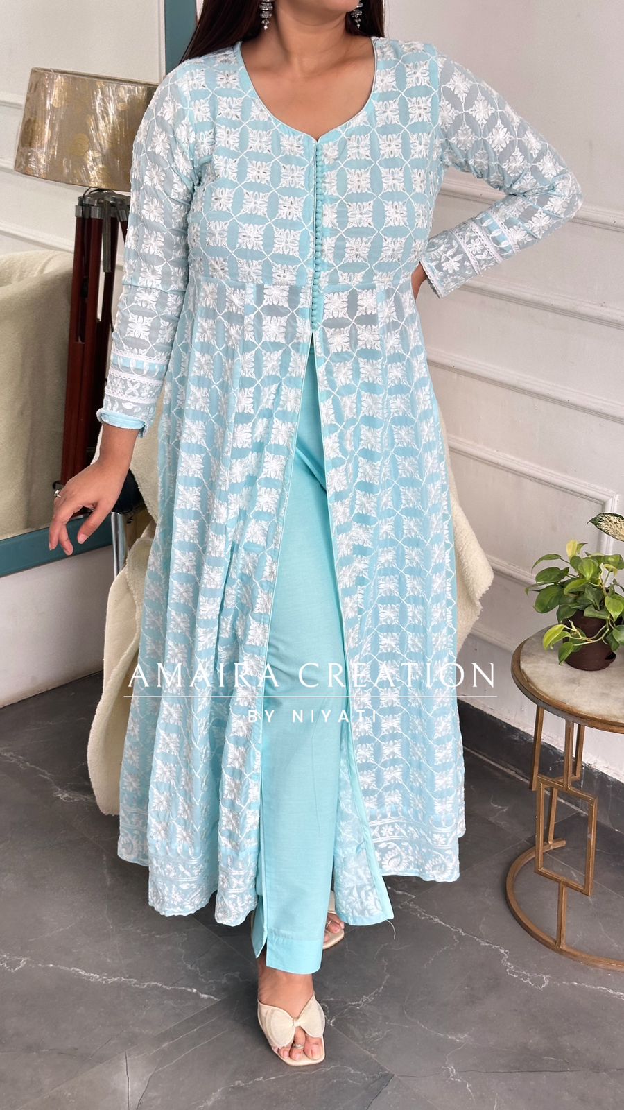 Sky Blue Color ChikaniKari Anarkali with Front And Side Slit