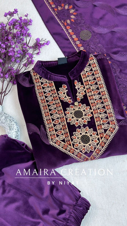 Stretchable Velvet Suit With Embroidered Dupatta