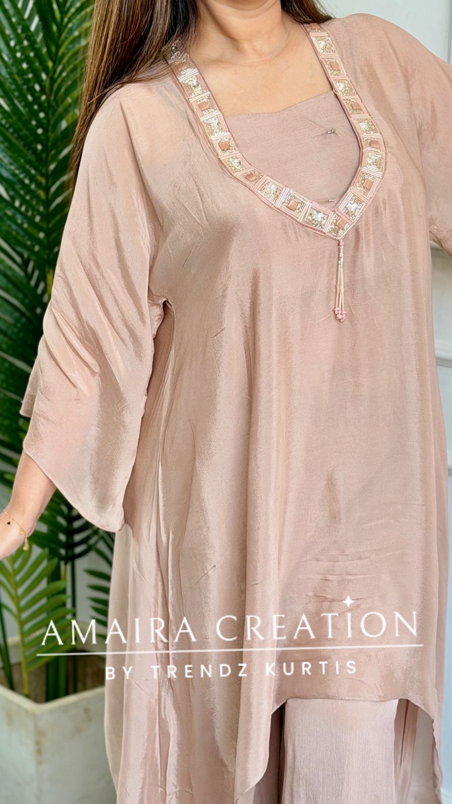 Premium Chinon Fabric Peach Color Three Piece Cord Set