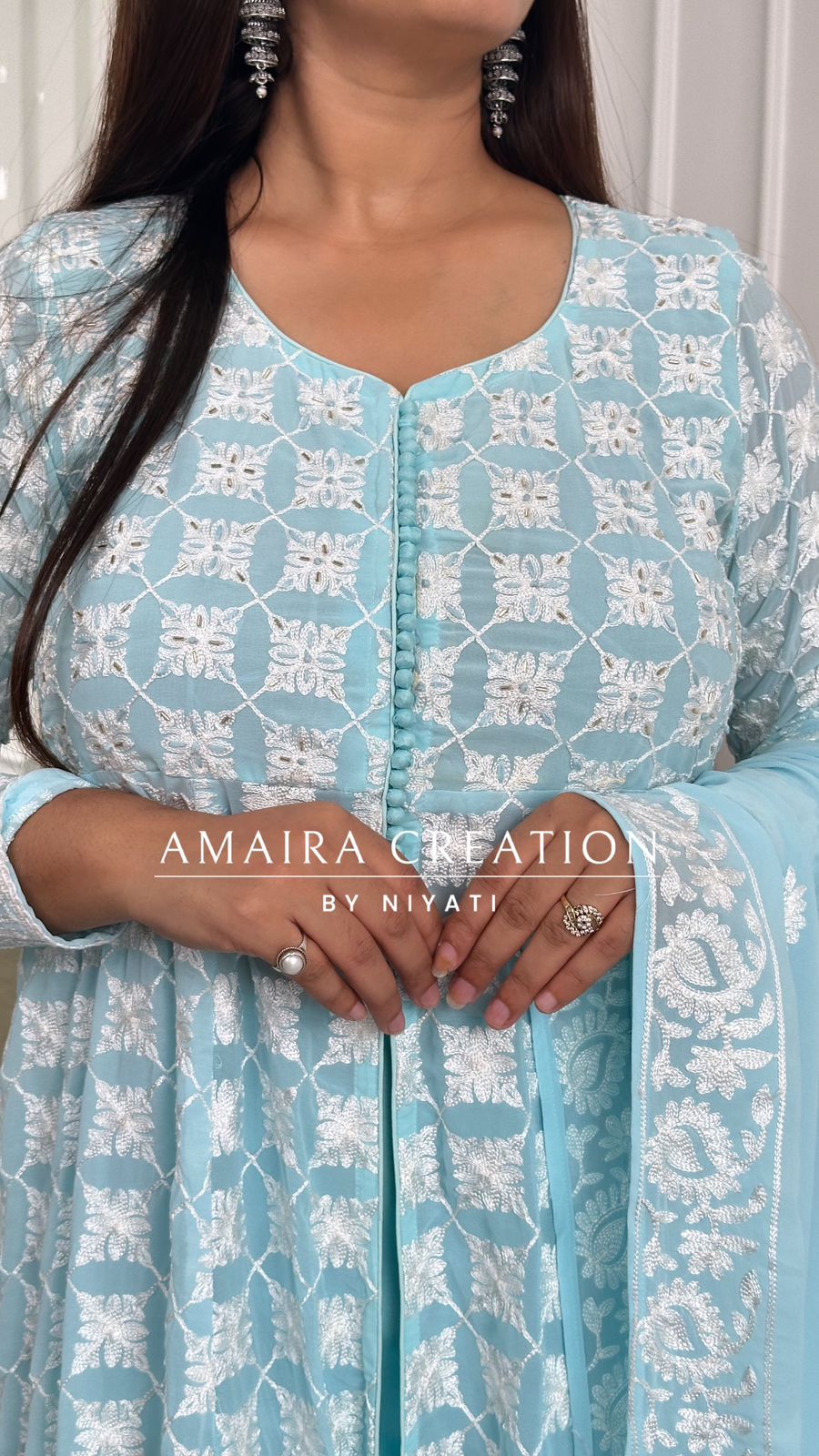 Sky Blue Color ChikaniKari Anarkali with Front And Side Slit