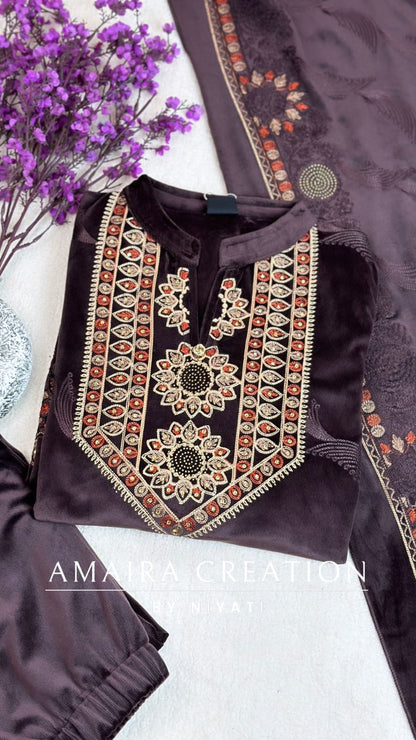 Stretchable Velvet Suit With Embroidered Dupatta