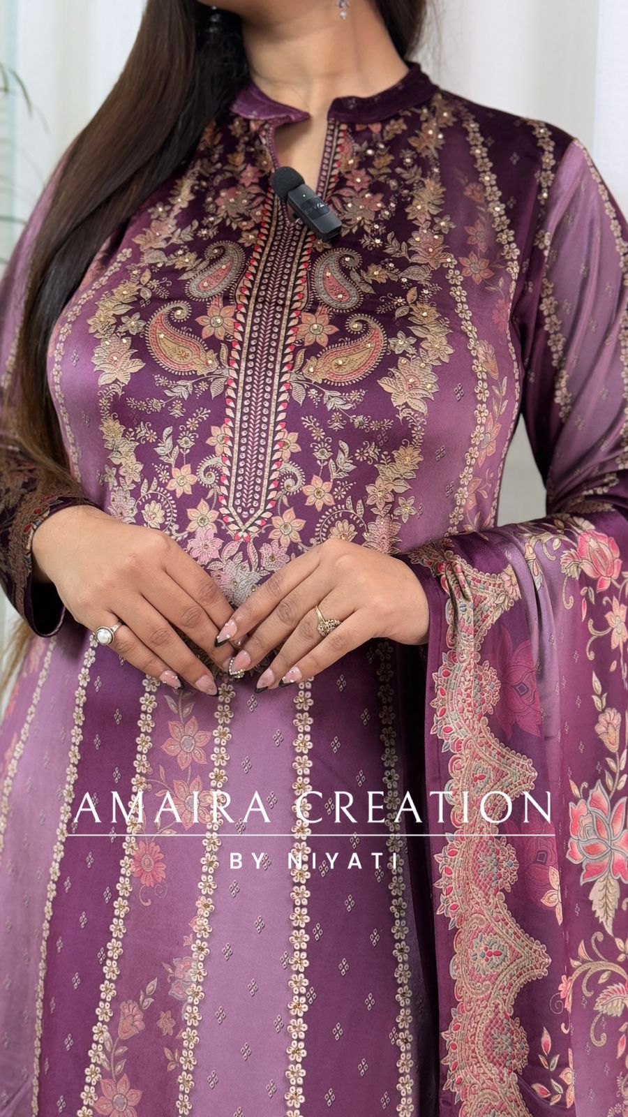 Mauve Printed Velvet Stretchable Anarkali Set