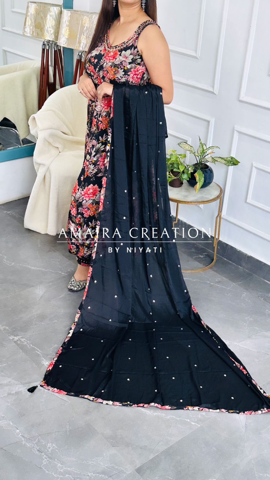 Black Color Chinnon Anarkali with Afghani pant(sleeves available)