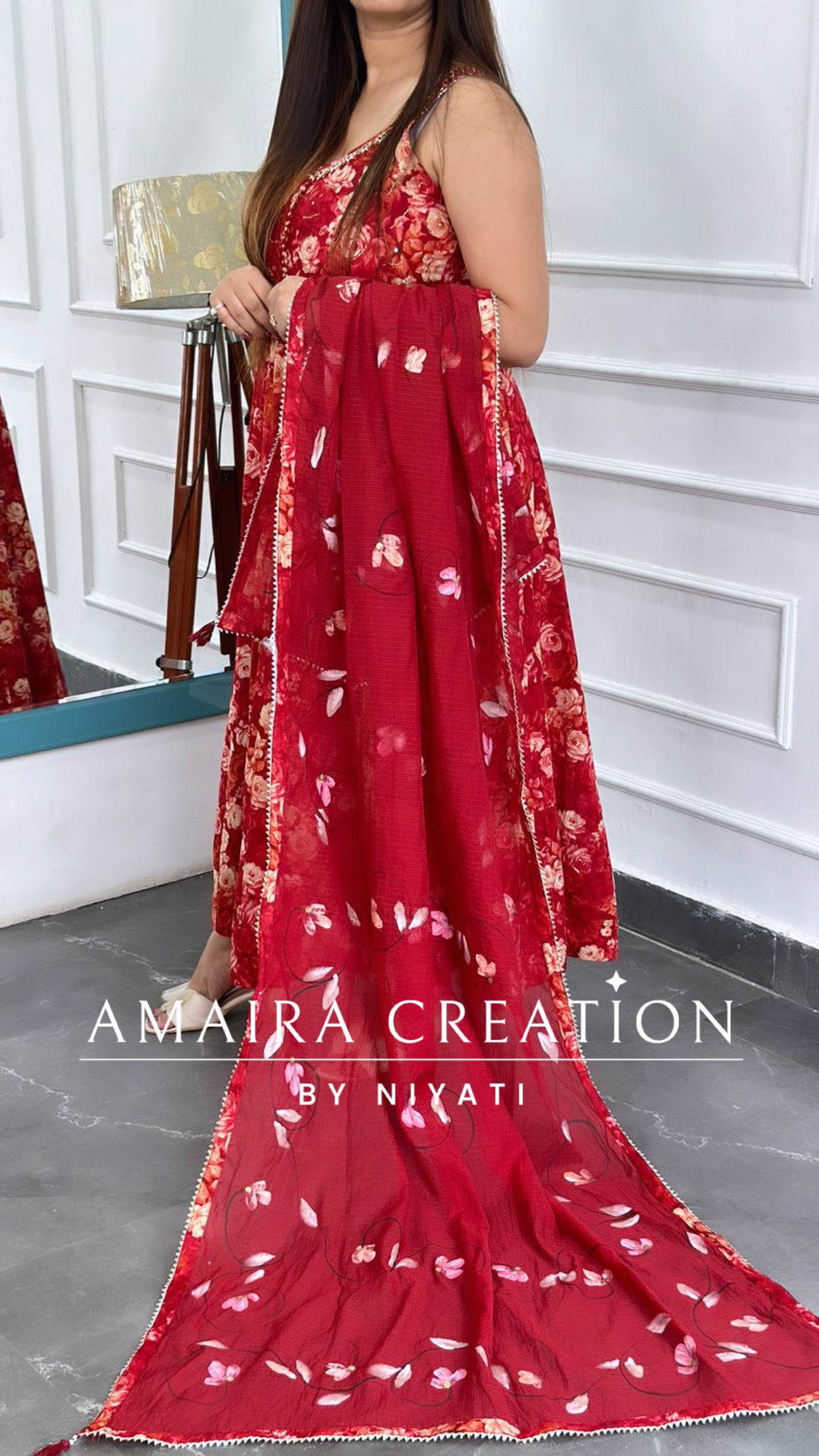 Apple Color Afghani Pant Anarkali With Kota Dupatta