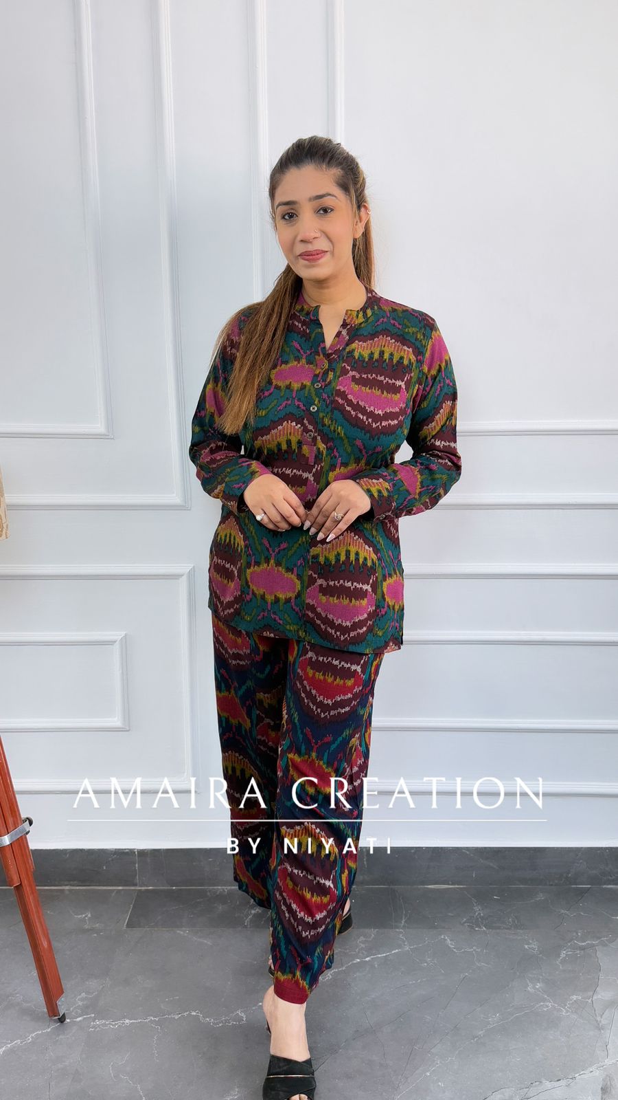 Green Color Ikkat Print Cord Set