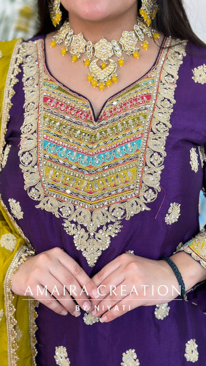 Mustard Yellow Garara Set Contrasted with Purple Top