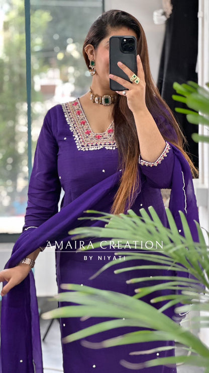 Purple Dola Silk Pant Set