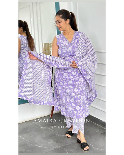 Lavender Color Cotton Pant Set (Plus Size Available)