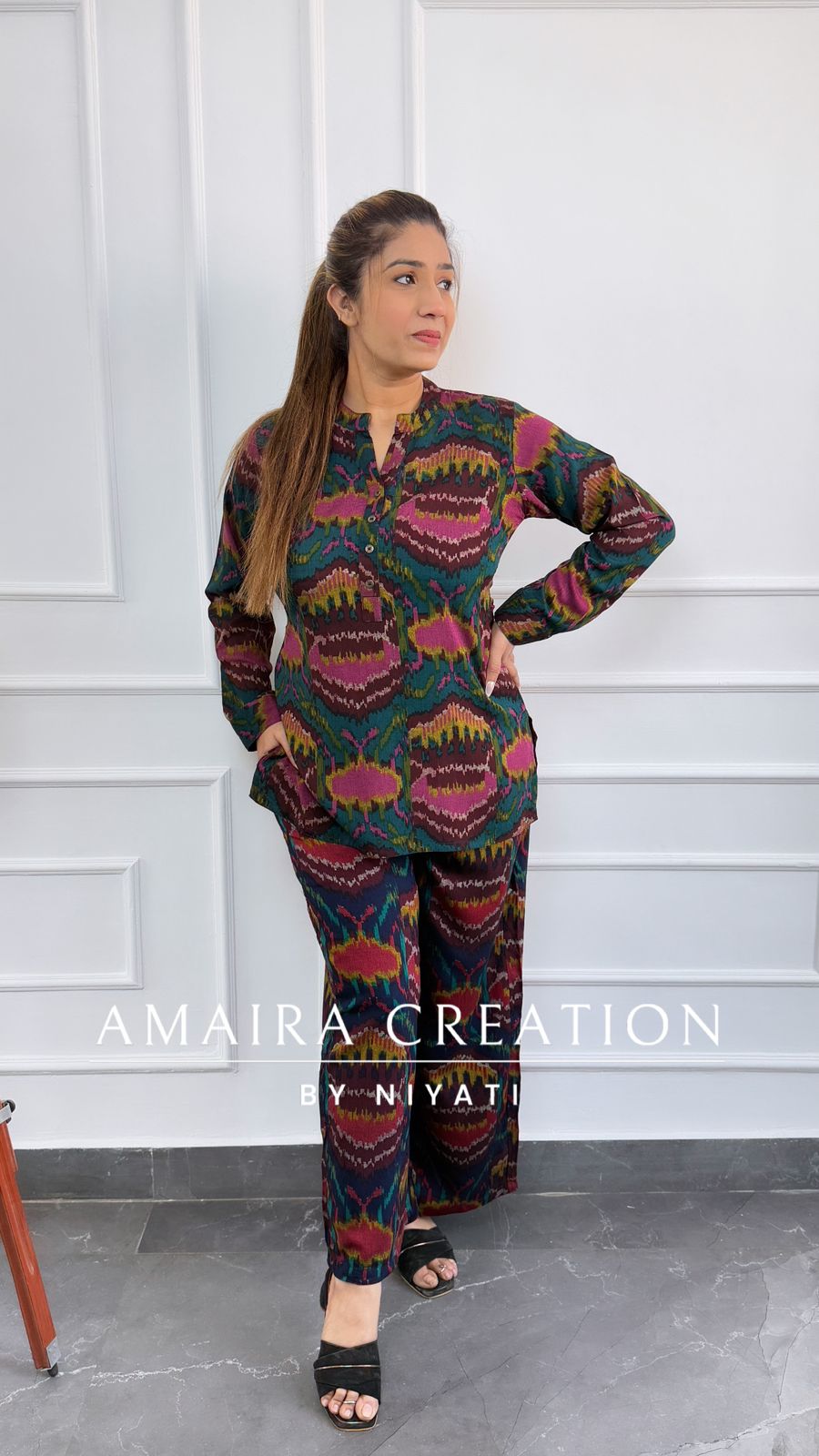 Green Color Ikkat Print Cord Set