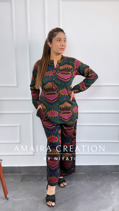 Green Color Ikkat Print Cord Set