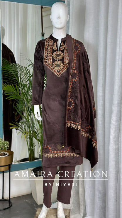 Stretchable Velvet Suit With Embroidered Dupatta