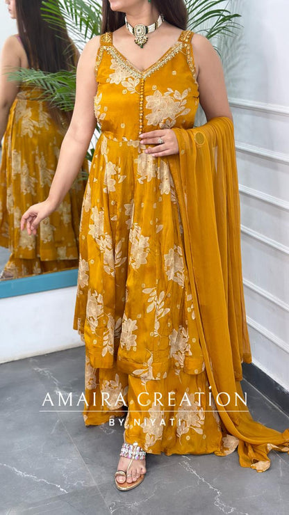 Mustard Chinon Fabric Garara Anarkali Set