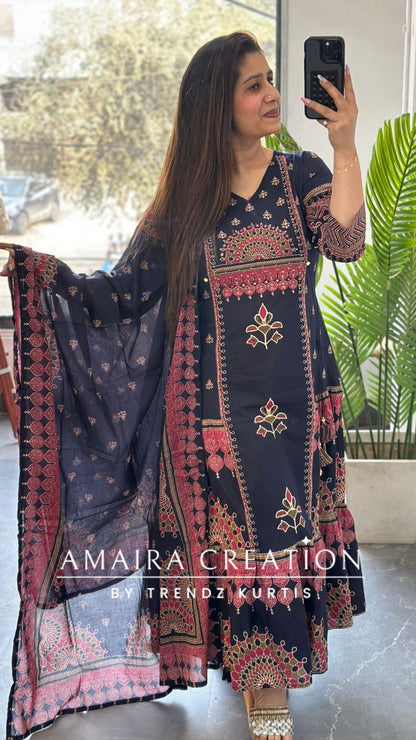 Premium Cotton Navy Blue Anarkali Set