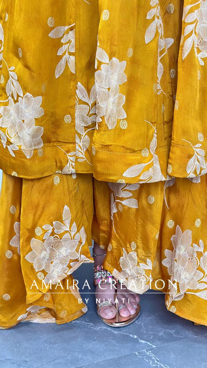 Mustard Chinon Fabric Garara Anarkali Set