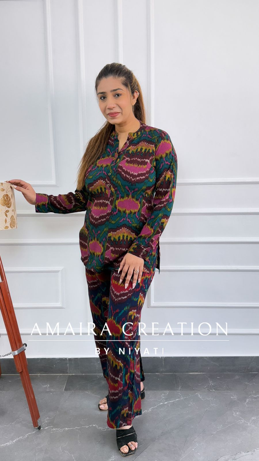Green Color Ikkat Print Cord Set
