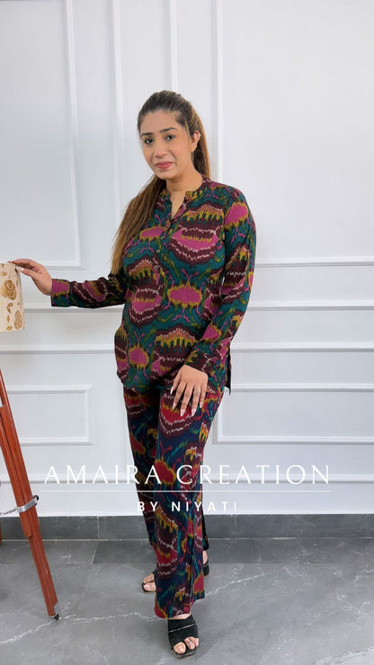 Green Color Ikkat Print Cord Set