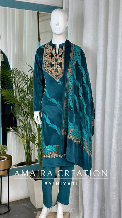 Stretchable Velvet Suit With Embroidered Dupatta