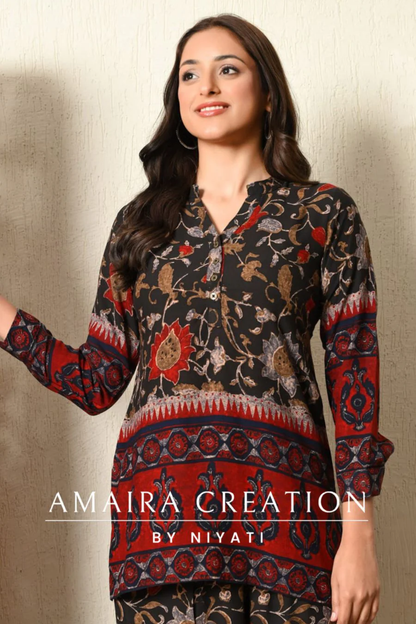 Black Kalamkari Print Reyon Fabric Cord Set