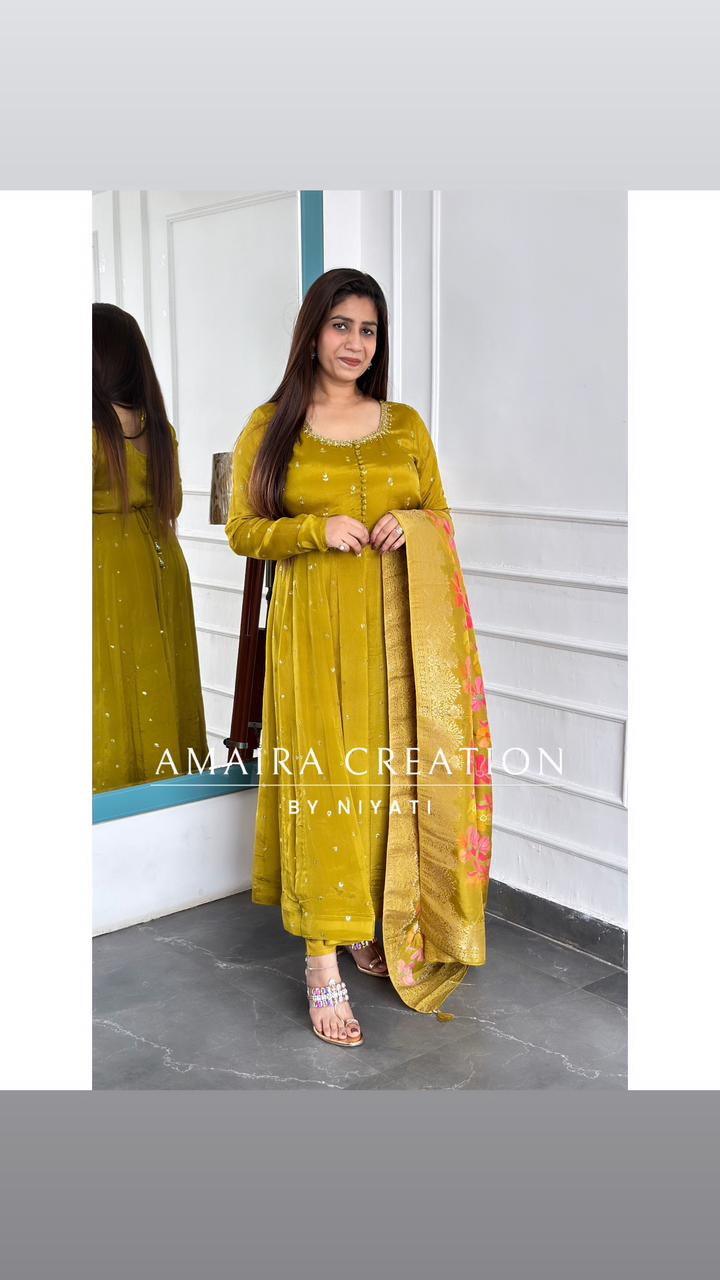 Olive Green Chinnon Anarkali Set